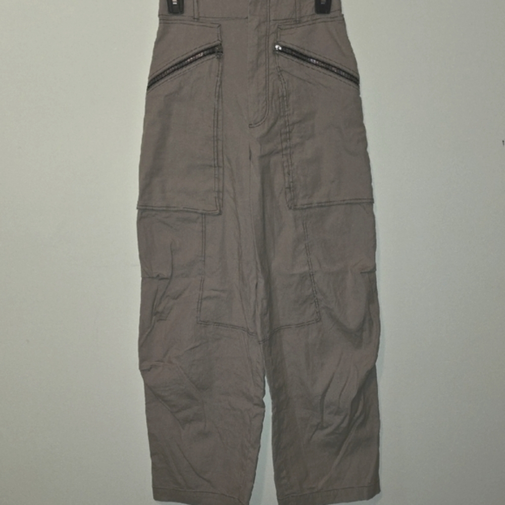 Zara Womens Khaki Cargo Topstitch Pants. Linen Blend.